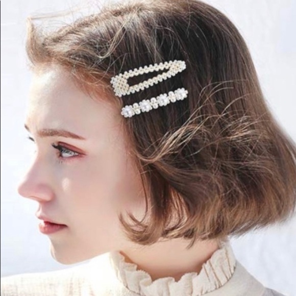 Ivory Pearl embellished clip on barrettes, pair glam prom wedding dressy dance - Picture 6 of 10